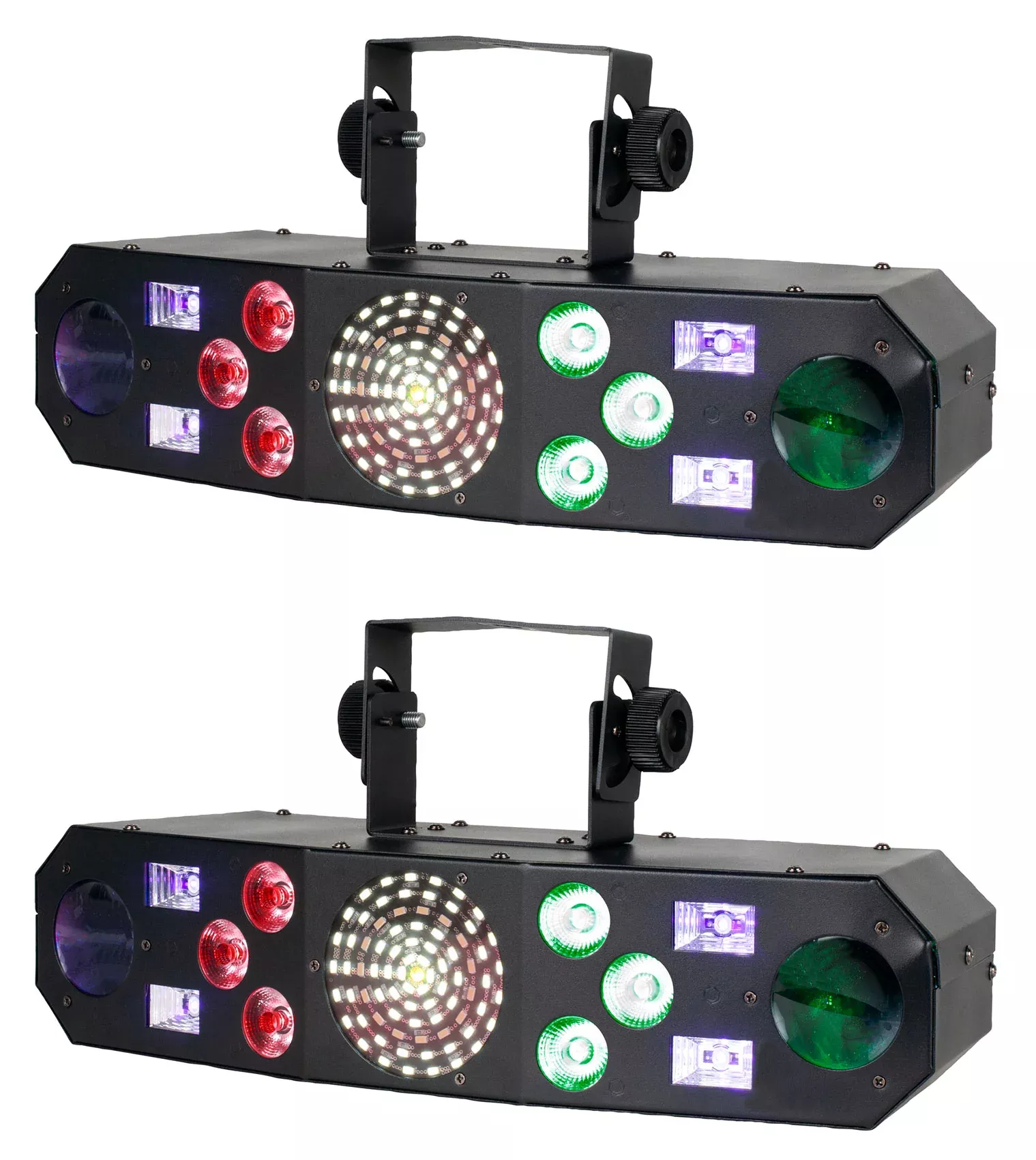 (2) Eliminator FURIOUS FIVE RG RGBW+UV LED DMX Laser/Strobe/Derby Effect Lights