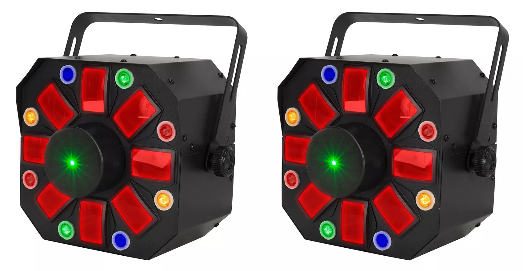 (2) Eliminator Furious Three RG LED DMX Moonflower/Wash/Laser Effect Lights