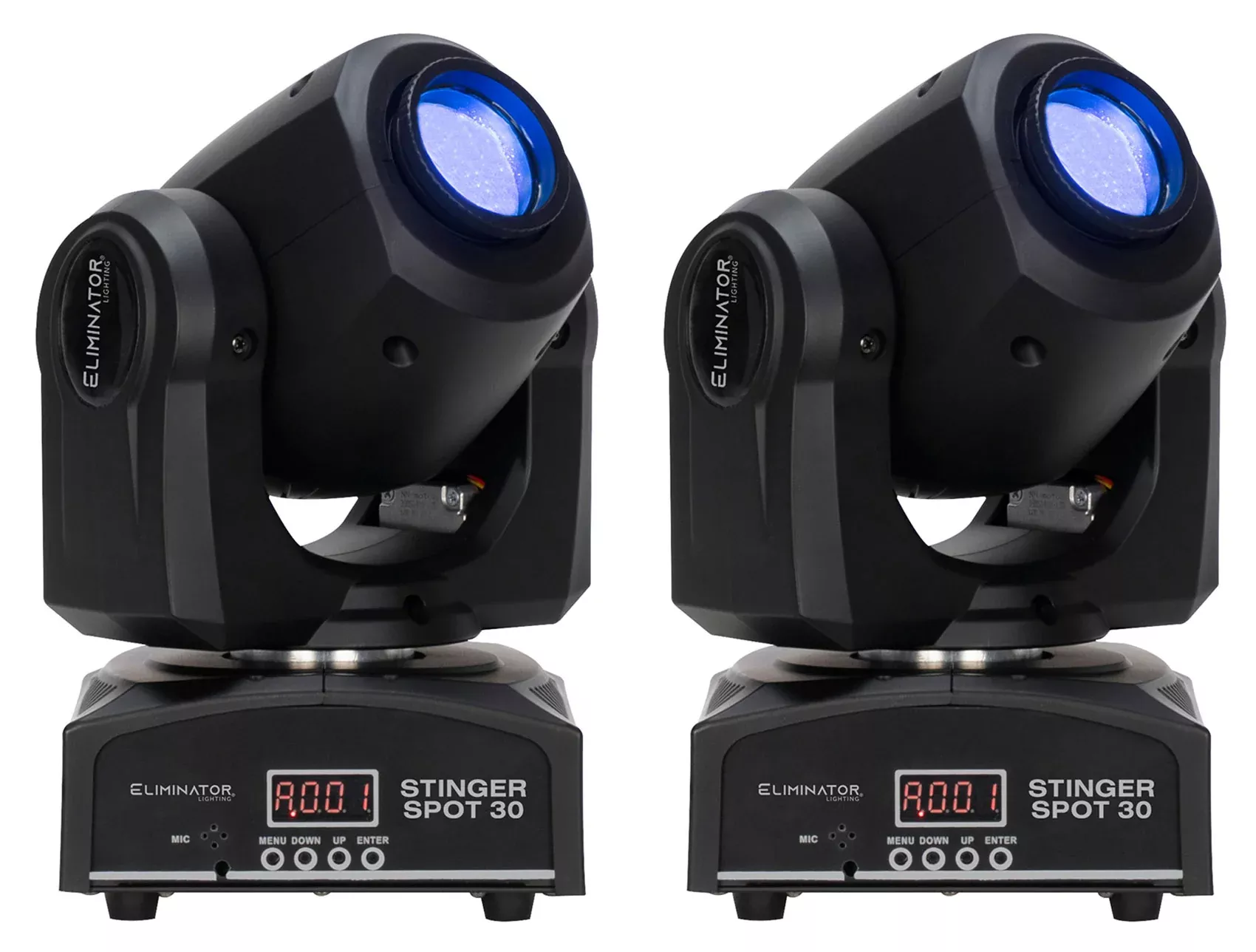 (2) Eliminator Stinger Spot 30 White LED DMX 30 Watt Moving Head Lights ADJ
