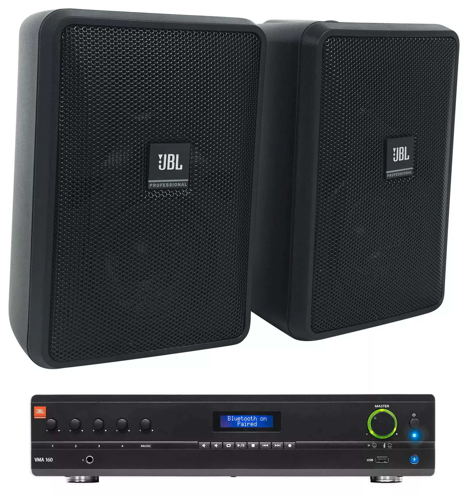 (2) JBL Control 23-1 Black 3" Indoor/Outdoor 70v Commercial Wall Speakers + Amp