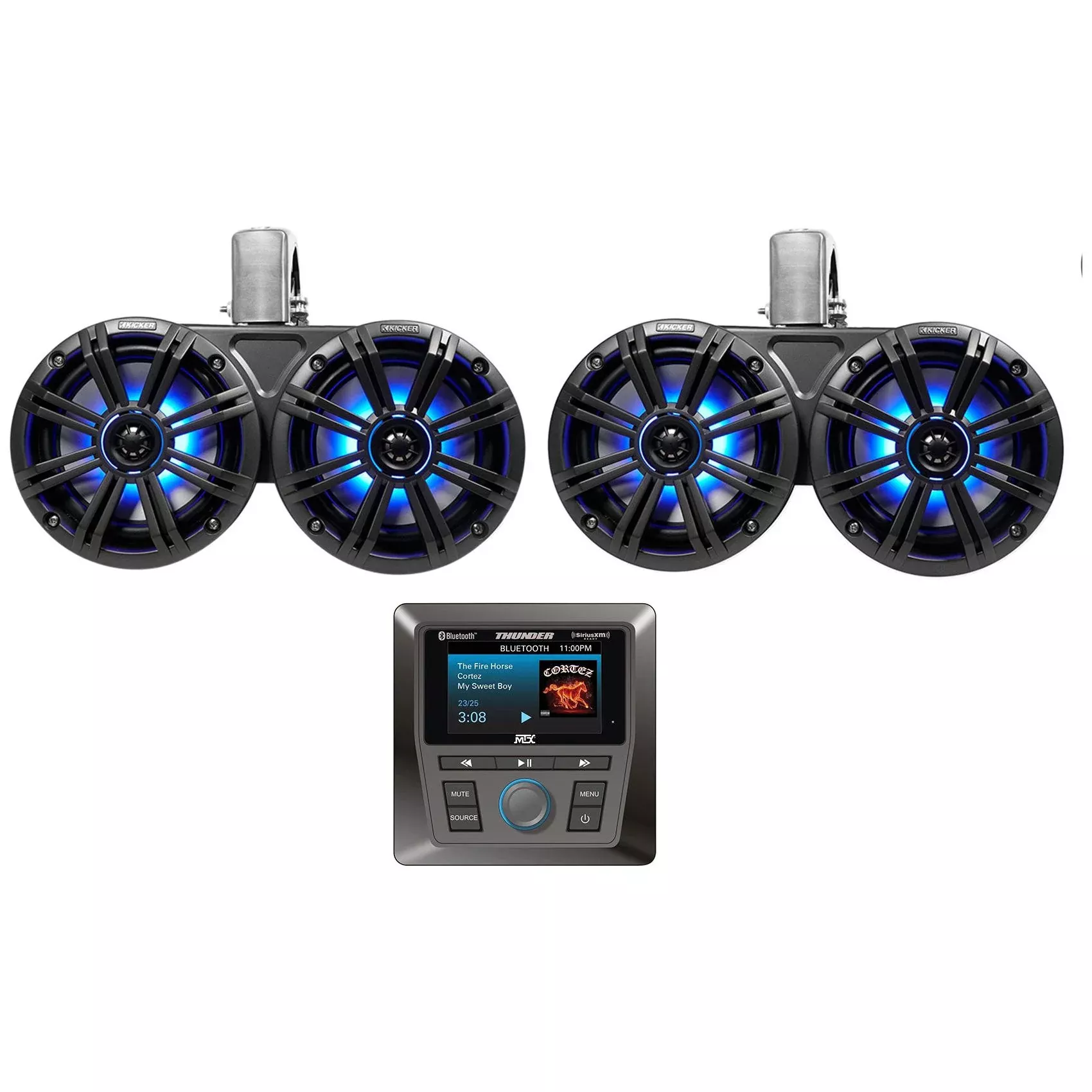 (2) KICKER 45KMTDC65 Dual 6.5" 390w Marine Wakeboard Tower LED Speakers+Receiver