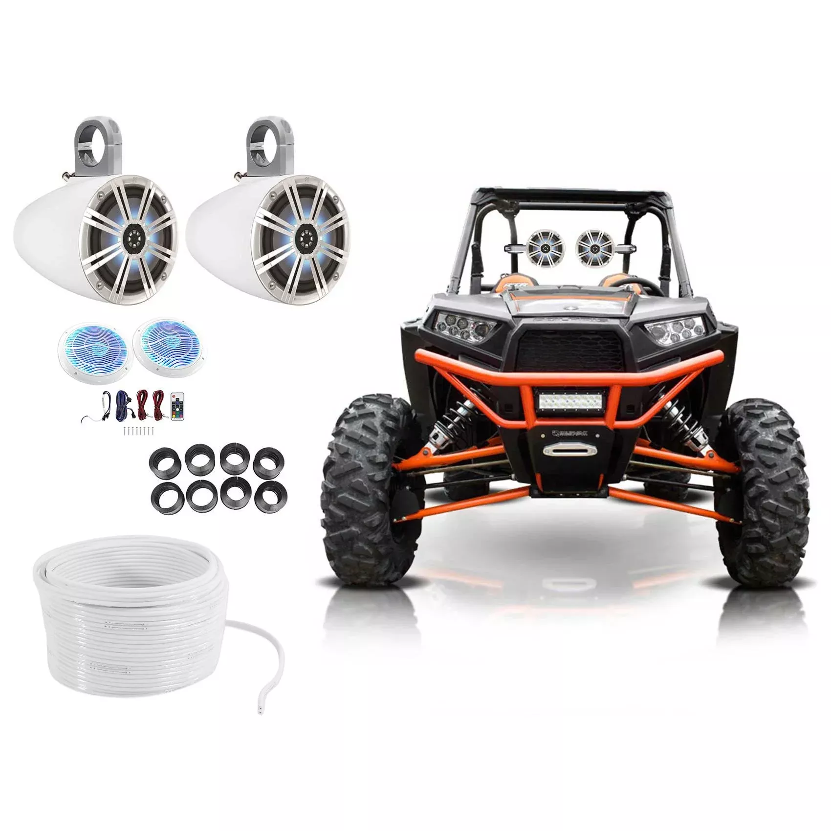 (2) KICKER 6.5" LED Tower Speakers+2) 6.5 Speakers For Polaris RZR/ATV/UTV/Cart