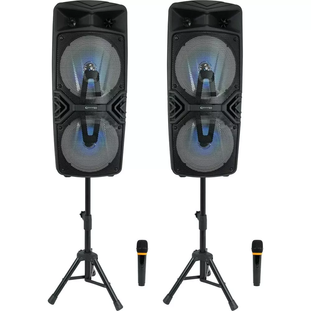 (2) Technical Pro Dual 8" Wireless Linking Rechargeable LED Speakers+Stands+Mics