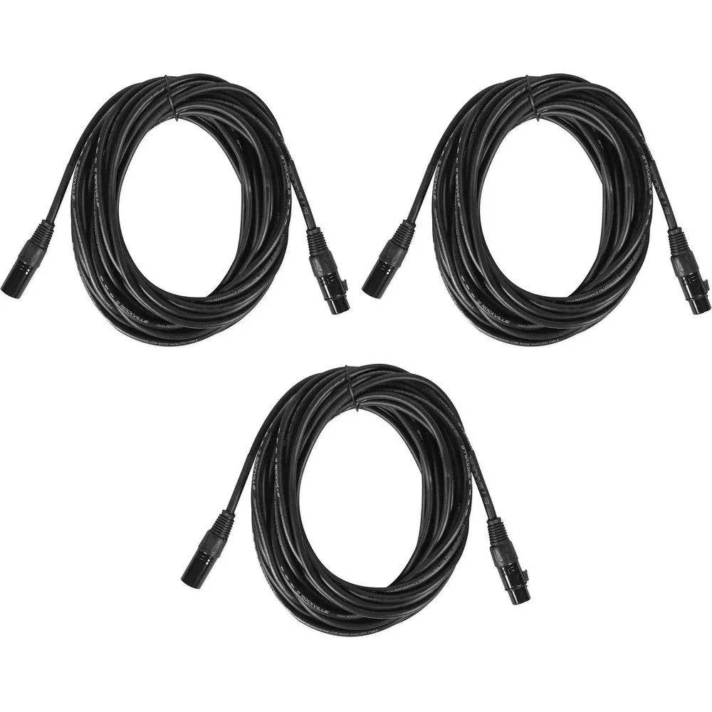 (3) Rockville RCXFM30E-B 30 Foot Female to Male XLR Mic Cables Black 100% Copper