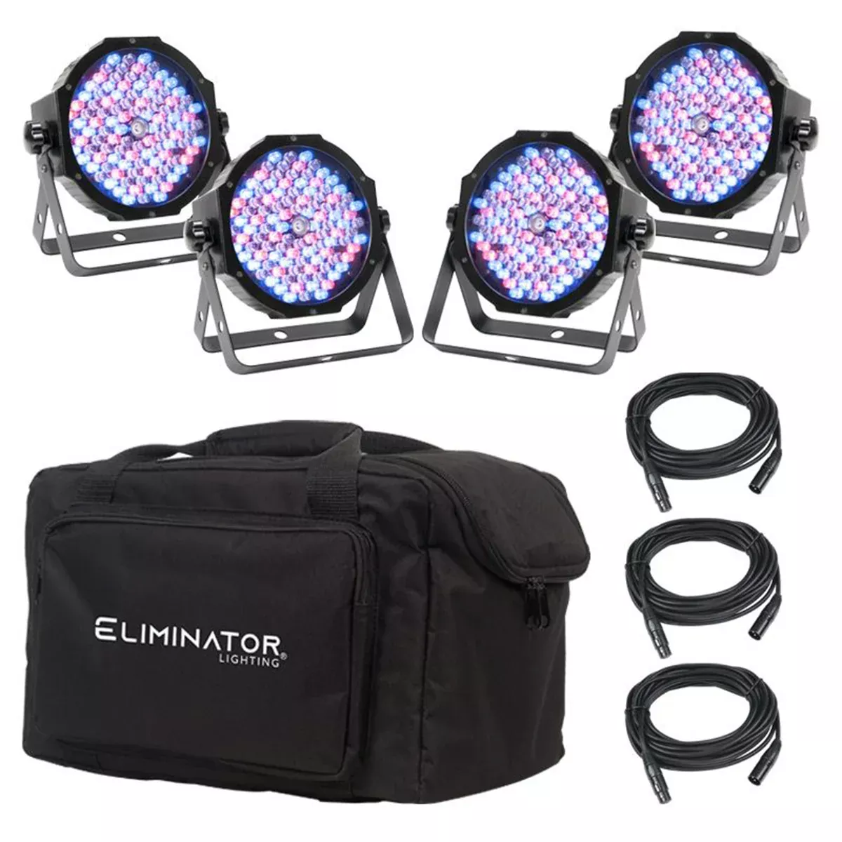 (4) Eliminator American DJ Mega Flat PAK EP DMX RGBUV Wash Lights w/ Bag+Cables