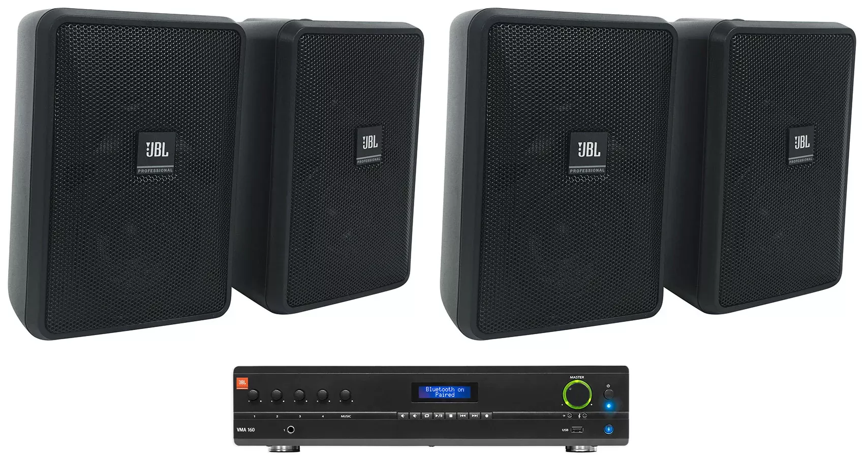 (4) JBL Control 23-1 Black 3" Indoor/Outdoor 70v Commercial Wall Speakers + Amp