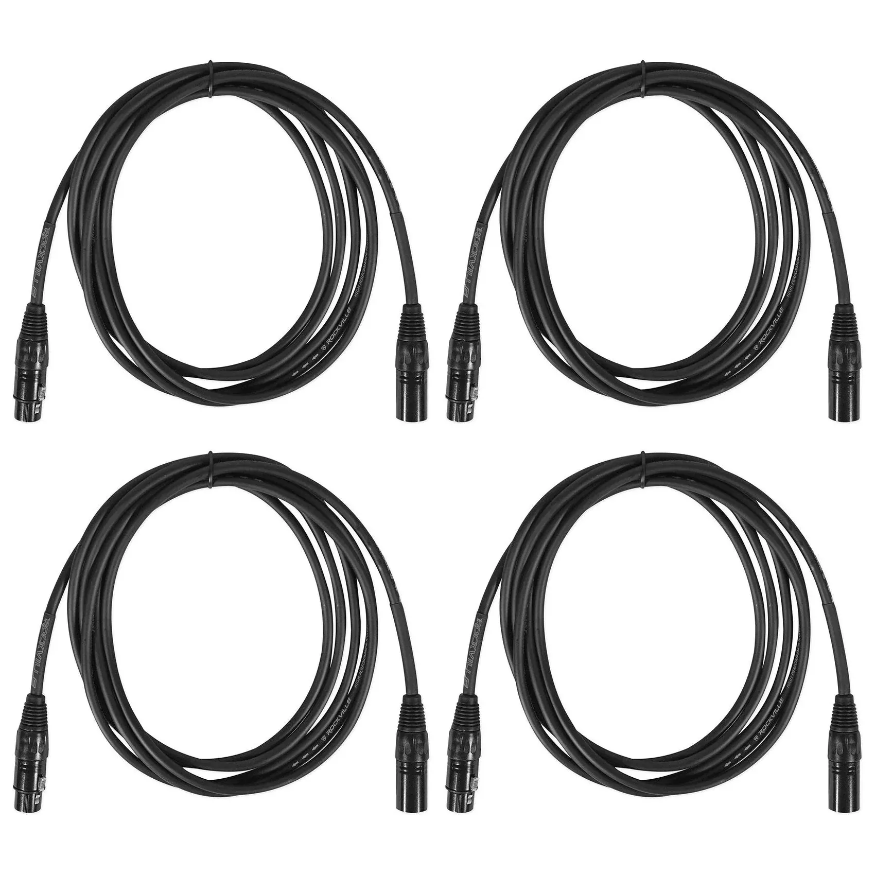 (4) Rockville RCXFM10E-B 10 Foot Female to Male XLR Mic Cables Black 100% Copper