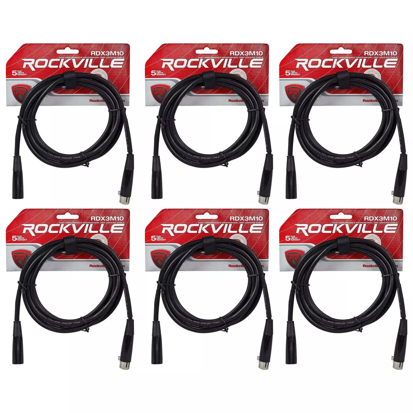 (6) Rockville RDX3M10 10 Foot 3 Pin DMX Lighting Cables 100% OFC Female 2 Male
