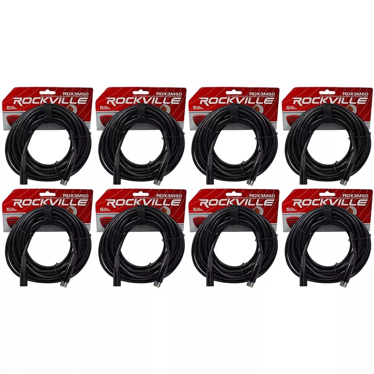(8) Rockville RDX3M50 50 Foot 3 Pin DMX Lighting Cables 100% OFC Female to Male