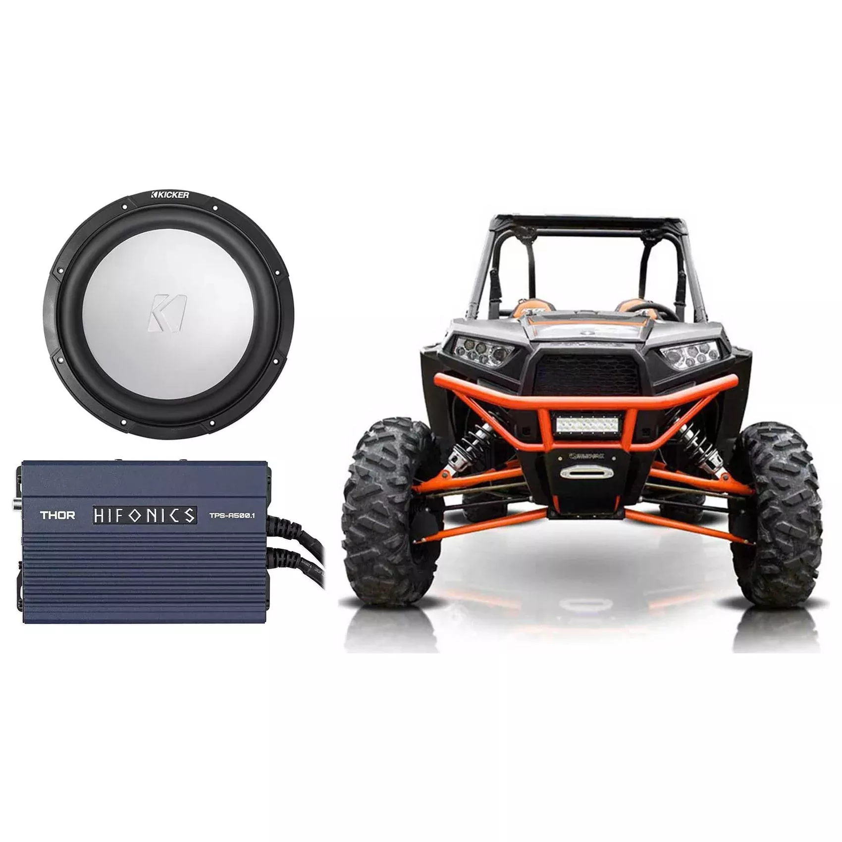 KICKER 45KM102 10" 350w Subwoofer+Hifonics Amp for Polaris RZR/ATV/UTV/Cart